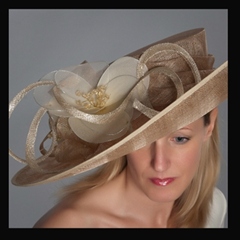 thomas watts millinery. graduated upturned to downturned brim in pearlescent gold. available in your choice of colours.