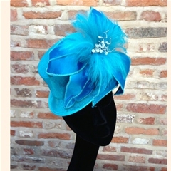 just arrived! dainty turquoise topper with dupion silk handstitched petals, hackle feathers and crystal detail. fastens on a millinery elastic. wear at a jaunty angle for maximum effect!