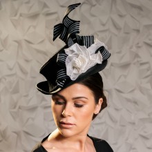 monochrome guibert victorian trilby with embossed twists and white roses.