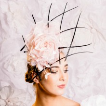 headpiece by guibert millinery in pastel pink and black