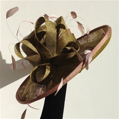 vivien sheriff millinery. sinamay hat in olive with mocha trim and coque feathers