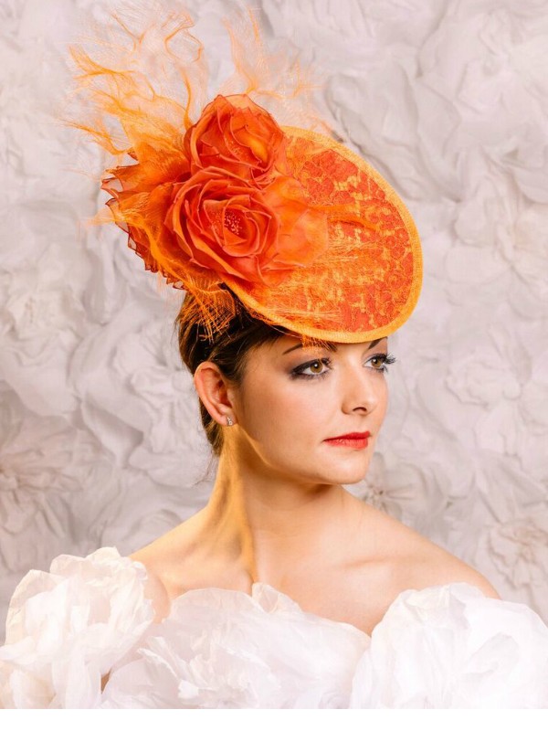 Guibert Saucer Fascinator Headpiece With Lace In Orange