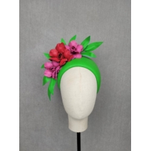 neon green headband with pink leatherwork roses