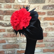 navy and red straw beret