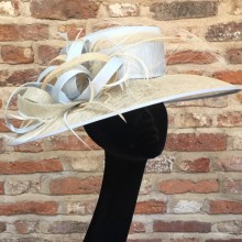 sumptuous pale blue silk crown and neutral brim with ostrich feathers by susy krakowski.